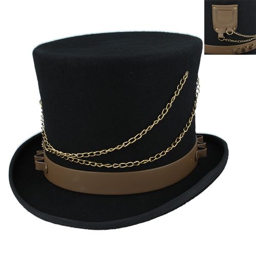 Maz Gothic Victorian Steampunk Top Hat With Laced Brown Leather Look Band