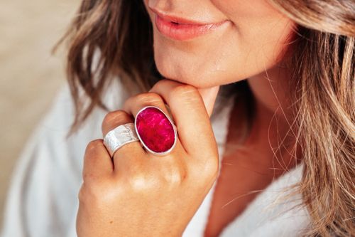 Large Silver Ruby Ring and Wide Hammered Band Ring