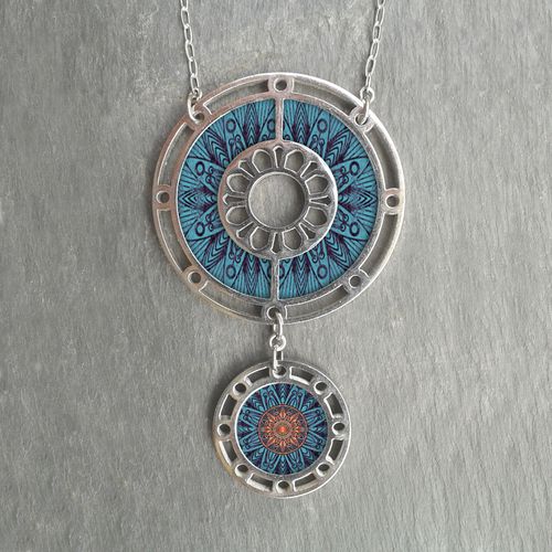 Stainless Steel & Decorated Walnut 2 Piece Necklace