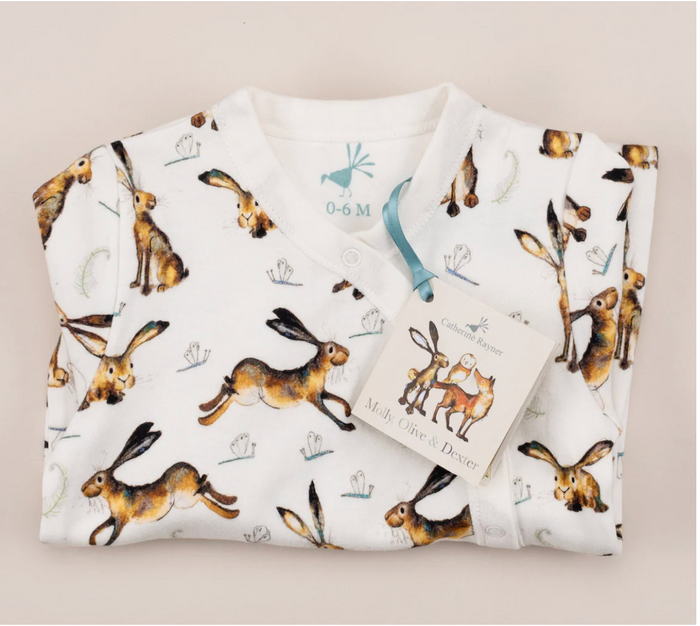 Unisex hare print babygrow