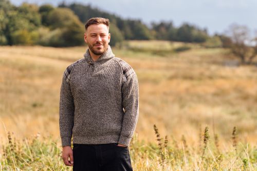 British Wool Byreman - Chunky knit Shawl Collar Sweater with Harris Tweed patches