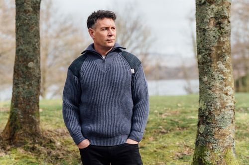 Crofter - Chunky quarter zip neck sweater with Harris Tweed patches