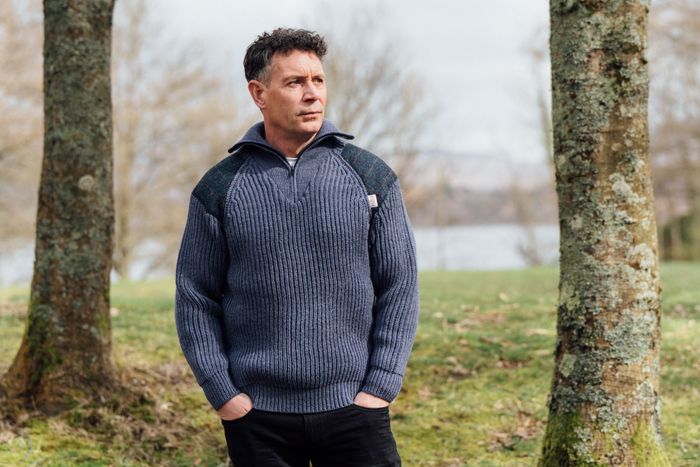 Crofter - Chunky quarter zip neck sweater with Harris Tweed patches