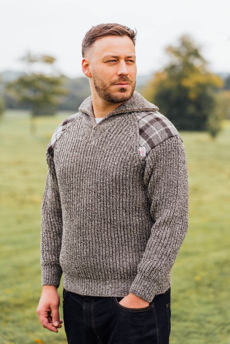 Crofter - Chunky quarter zip neck sweater with Harris Tweed patches
