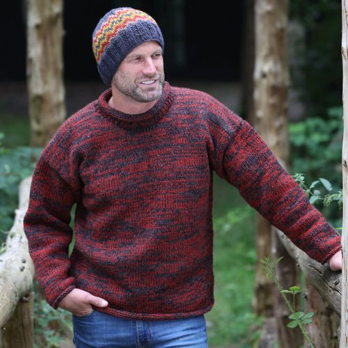 Two tone spice and charcoal jumper, worn with slate grey zigzag beanie