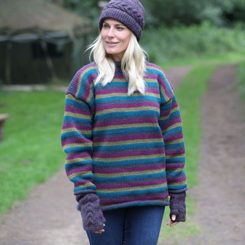 Jewel stripe pure wool jumper worn with purple heather broad cable beanie and wristwarmers.