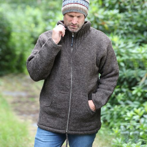 Classic Black Yak jacket in brown, worn with Fair isle knitted beanie in soft browns. Small to XXXL, available in brown, pale grey and charcoal.