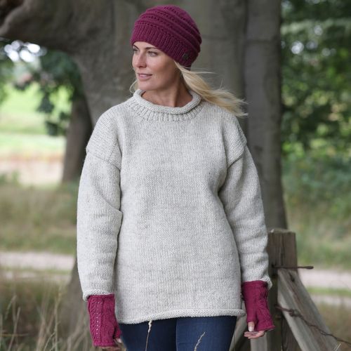 New season unisex pure wool pale grey jumper worn with ridged lace beanie and insert hand warmers.  Sizes small to XXXL.