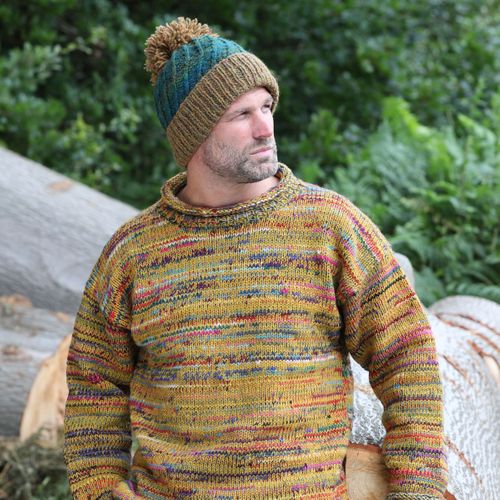 24/25 season unisex 'Wot Knot' jumper in gold worn with gold heather altitude bobble had