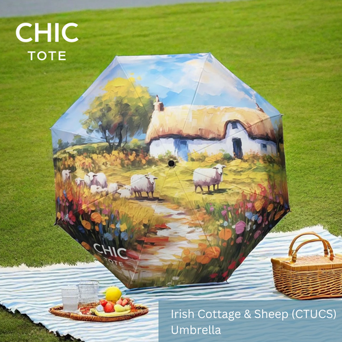 Artistic Automatic Folding Umbrella | All-Weather Travel Companion | Cottage & Sheep