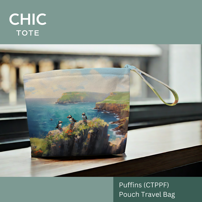 Artistic Tote Bags | Pouch Travel Bags | Irish-Designed | Puffins on the Cliffs