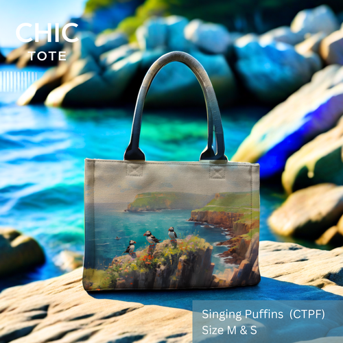 Artistic Tote Bags | Pouch Travel Bags | Irish-Designed | Puffins on the Cliffs
