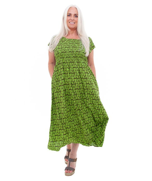 Tonal Geo Wave Shirred Dress