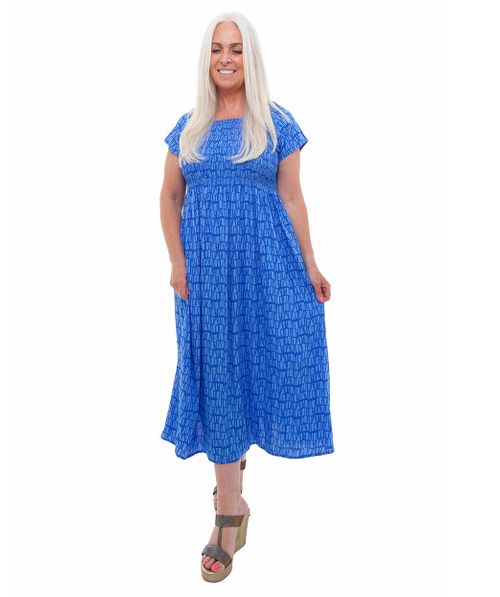 Tonal Geo Wave Shirred Dress