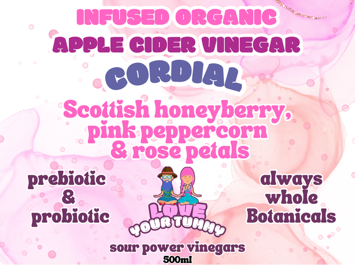 Scottish honeyberry, pink peppercorn & rose petals infused vinegar