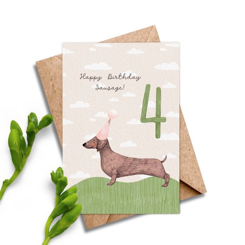 Age 4 Sausage Dog Birthday Card - Children Age’s Card