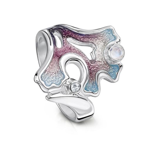 Sea Moss Moonstone & Cubic Zirconia Ring in Sea Pink Enamel