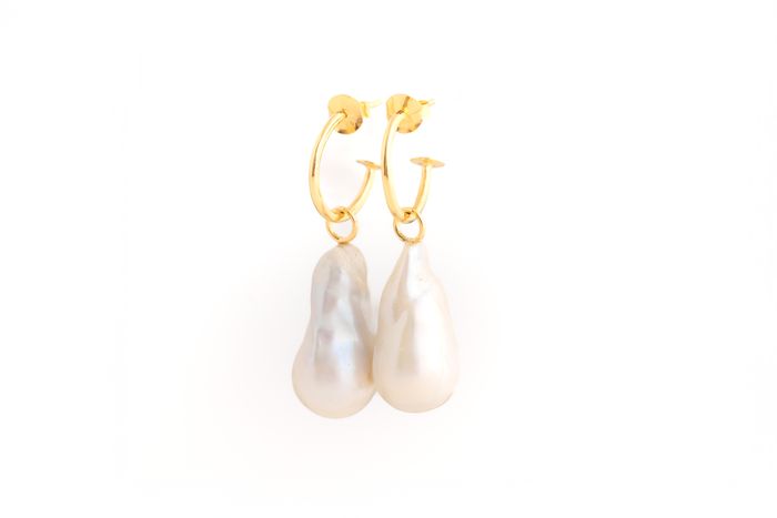 Large Gold Baroque Pearl Hoop Earrings