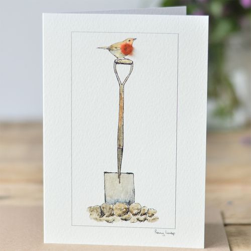 Robin on a Spade greetings card