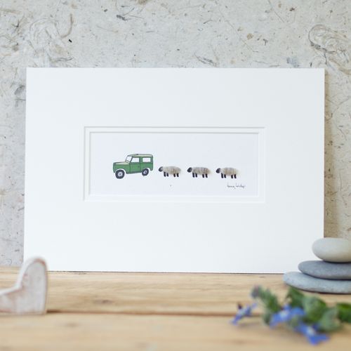 Land Rover and 3 grey Sheep A4 print