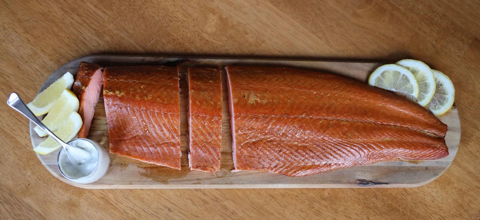 Whole side hot oak smoked Scottish salmon