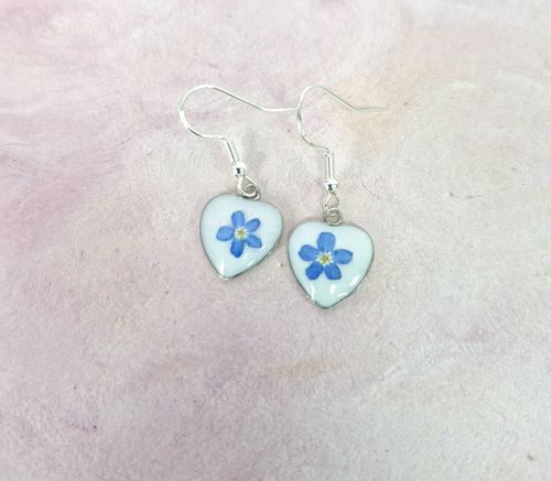 Small Heart Real Dried Forget Me Not Earrings