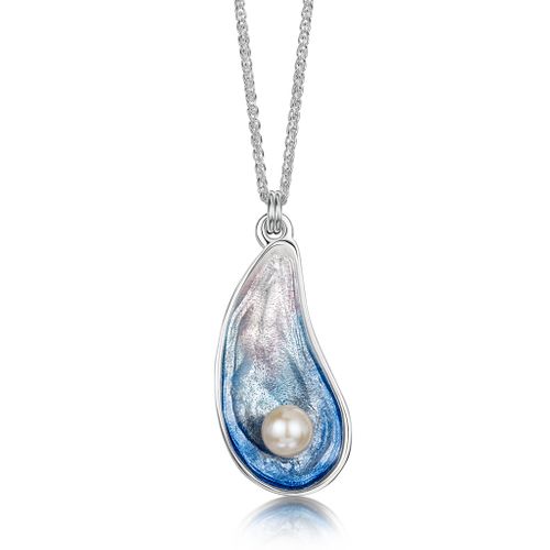 Mussel Medium Pendant with Peach Pearl in Mussel Blue Enamel