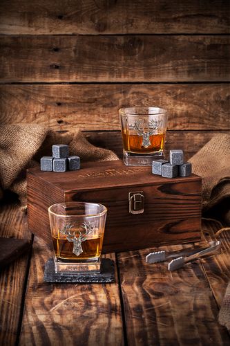 Double signature tumblers in a wooden presentation box