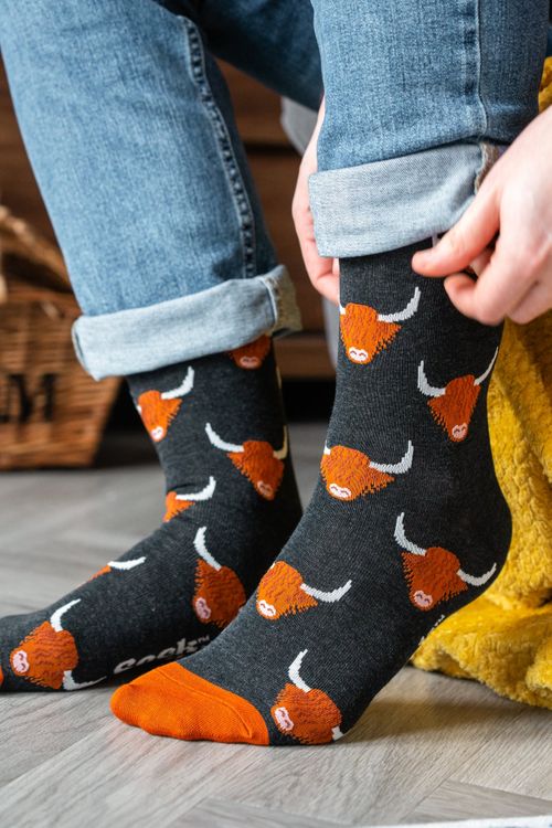 Men's Bamboo Socks - Black, Highland Cow