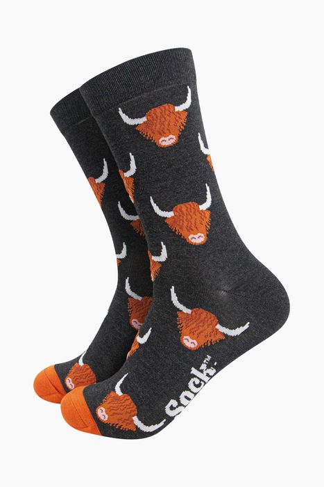Men's Bamboo Socks - Black, Highland Cow