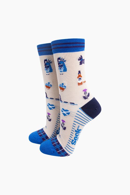 Women's Bamboo Socks - Cream/Blue, Scottish Landmarks