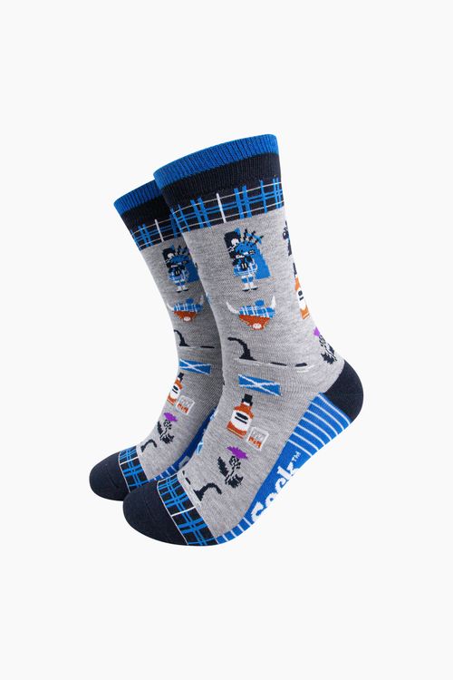 Men's Bamboo Socks - Grey/Blue, Scottish Landmarks