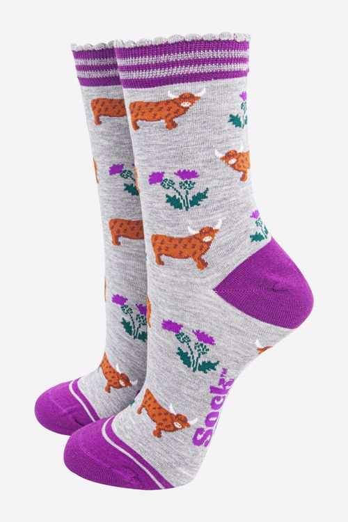 Women's Bamboo Socks - Light Grey/Purple, Highland Cow Thistles