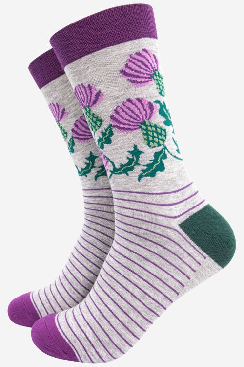 Men's Bamboo Socks - Grey/Purple, Scottish Thistle