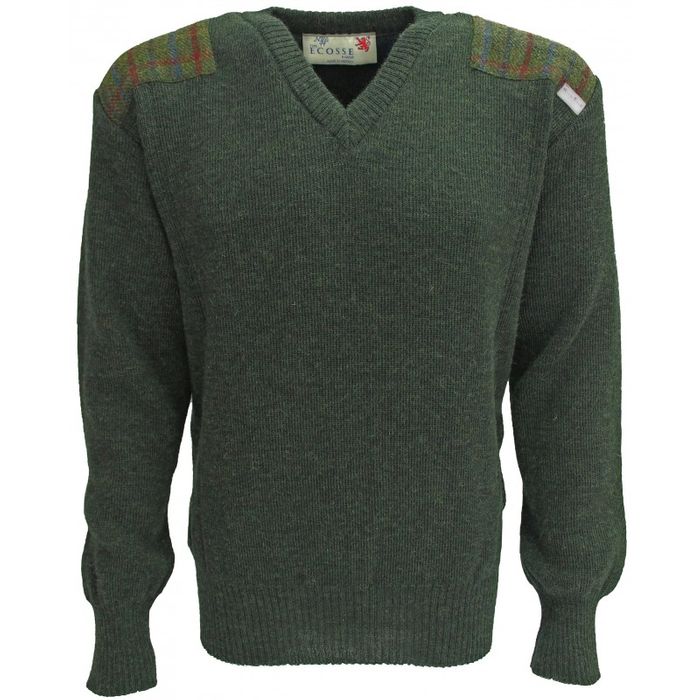 Drover- Vee neck sweater with Harris Tweed patches