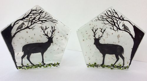 Fused Glass Stag & Bird T-Light Holder