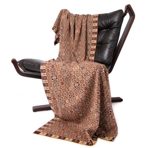 Heritage throw in checkerboard of colours and Fair Isle patterns with trees around edges