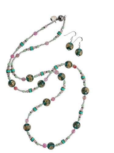 Libra: Foil glass and pink agate long necklace