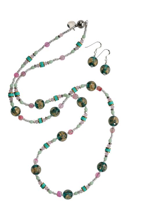 Libra: Foil glass and pink agate long necklace