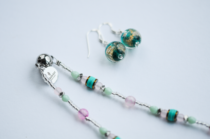 Libra: Foil glass and pink agate long necklace