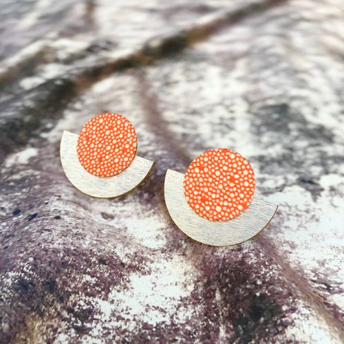 Half Moon Plywood & Silk Stud Earrings