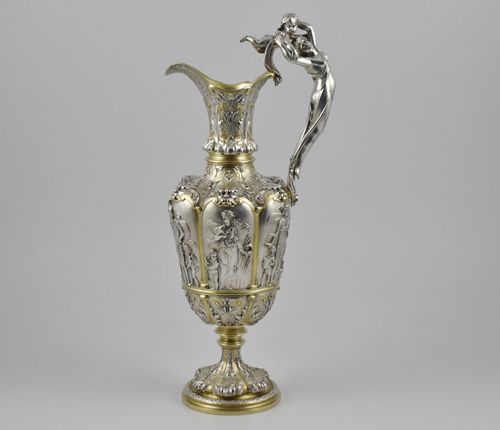 Late 19th century silver plated and parcel gilt wine ewer by Elkington & Co. with their date letter (N) for 1899.