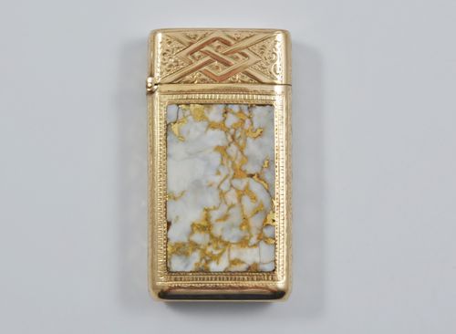 American 14-18 carat gold vesta case or match safe inset with gold quartz stone and dated 1870, Probably by George C. Shreve & Co., San Francisco, CA.