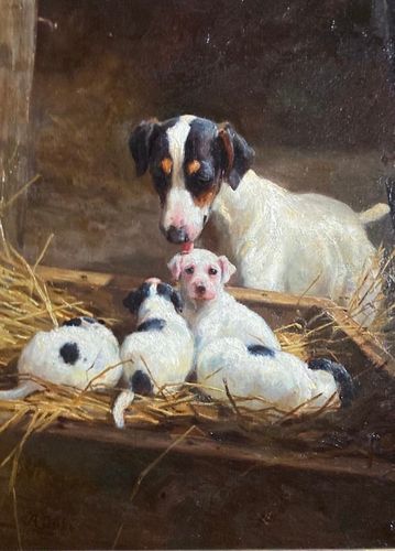 Alfred Duke (British 1836-1915) 'Terrier and her pups' Oil on canvas 21 x 18 ins (framed size)