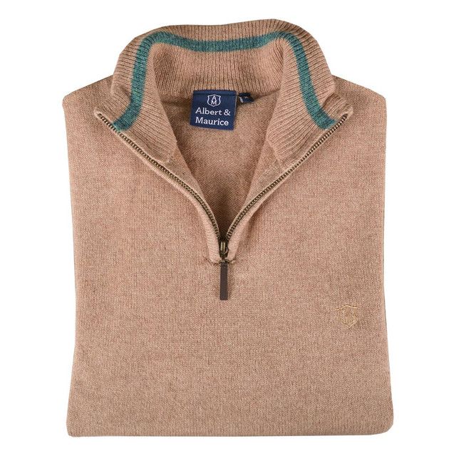 Albert and Maurice Netherton Sand Oatmeal Lambswool Zip Neck Jumper