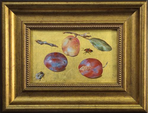 Plum varieties with a bumble bee and a milkweed bug, on 24ct gold
