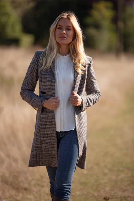 Annabella Racing Coat, Navy Fedora Hat & Deluxe Feather Hat Pin
