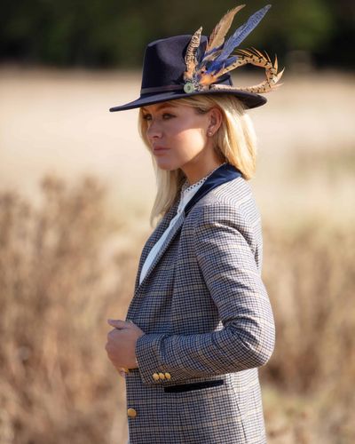Annabella Racing Coat, Navy Fedora Hat & Deluxe Feather Hat Pin