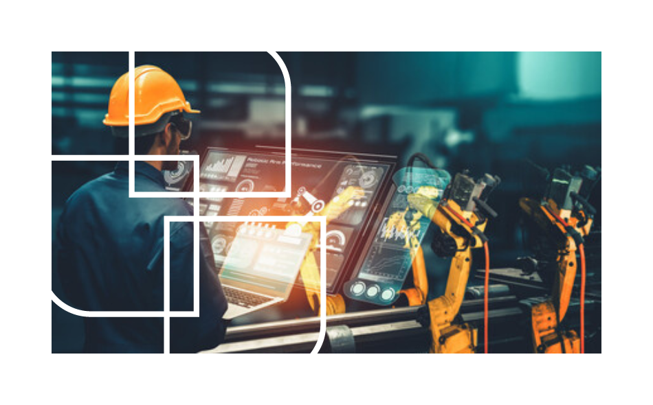 Engineer wearing a yellow hard hat operating a futuristic touchscreen interface in a factory, with robotic arms working on an assembly line. 