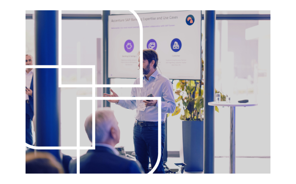 Man giving a presentation to an audience in a modern conference space, standing in front of a screen displaying Accenture SAP Banking Expertise and Use Cases.